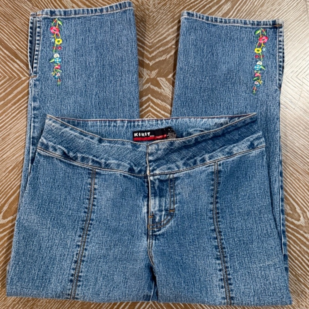 Kikit Jeans Maurice Sasson Womens 4 Blue Floral Embroidered Straight Leg Denim